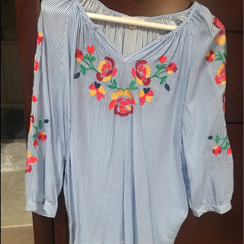 Blue and white striped embroidered blouse